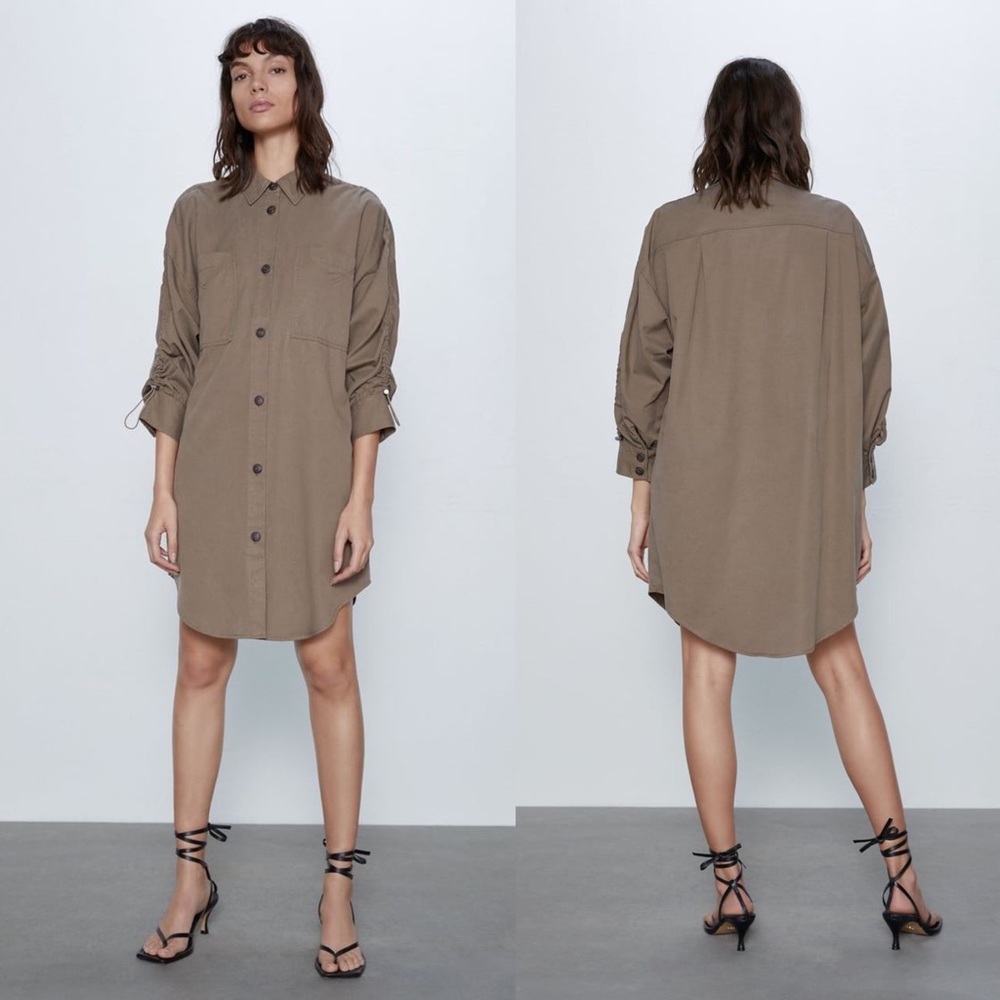 Zara Overshirt With Gathered Sleeves Dress Green